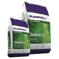 Two bags of Plagron Batmix from Bertels B.V., in green and purple packaging, feature the Batmix logo, are labeled as 100% natural, are enriched with peat to promote plant growth, and are available in various sizes with detailed information on the packaging.
