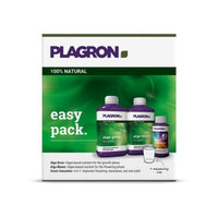 El Plagron Easy Pack Natural de Bertels B.V. contiene tres botellas con etiquetas verdes y moradas de los productos «Alga Grow» y «Alga Bloom», así como un pequeño vaso medidor. Utiliza un fertilizante básico orgánico, lo que garantiza una nutrición precisa de las plantas en un envase compacto.