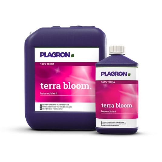 Two containers of Plagron Terra Bloom by Bertels B.V. are displayed against a white background. The larger, dark purple container has a pink-and-white label that mirrors the design of the smaller one and is ideal for promoting abundant flowering in your garden.