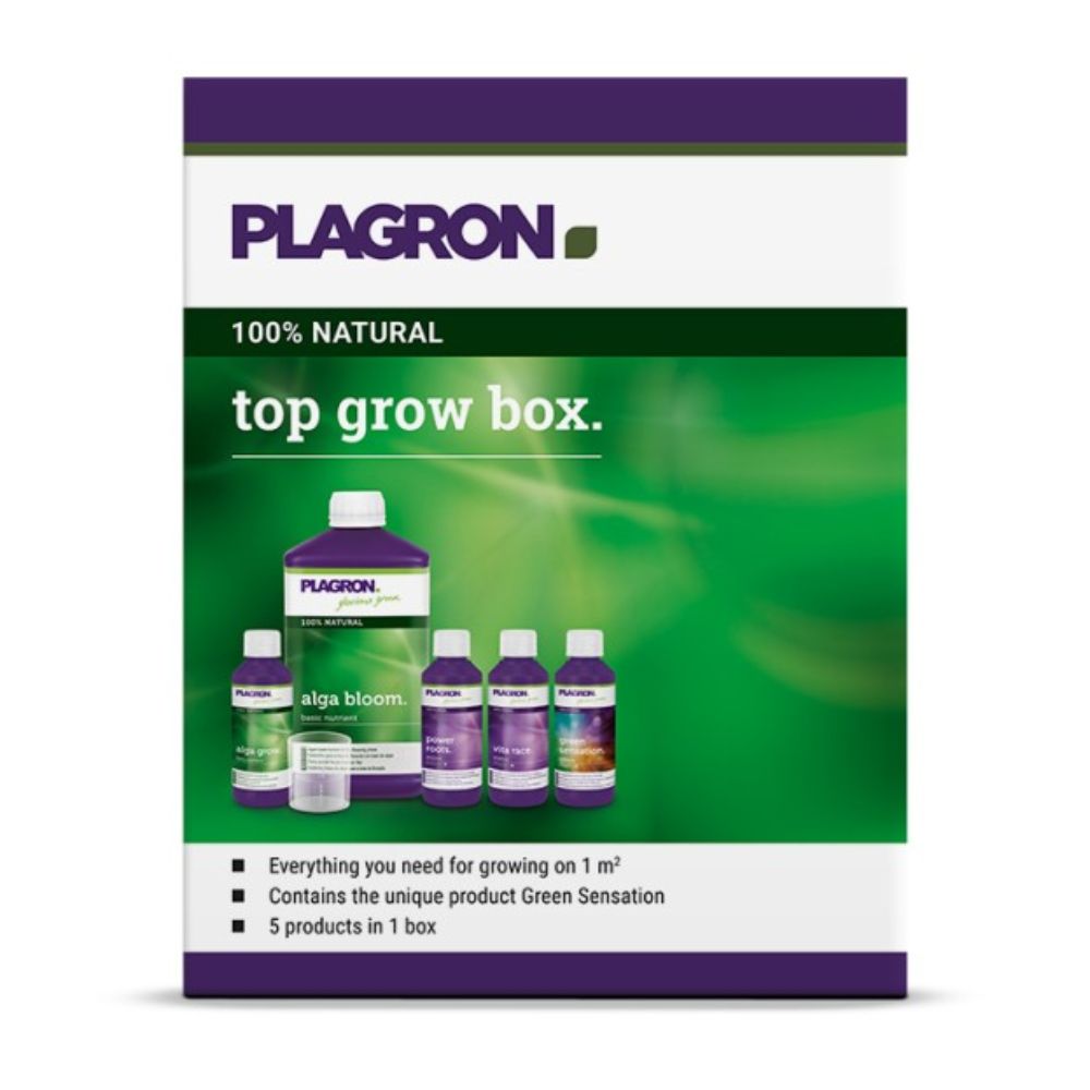The Plagron Top Grow Box 100% Natural by Bertels B.V. has a green-purple design, includes five bottles including "Alga Bloom", relies on natural ingredients, supports growth on over 1 m² and offers excellent organic fertilizers for complete nutrient supply.