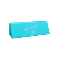 A blue, trapezoidal rubber doorstop featuring the brand name “pluslife” in white and a leaf design next to it. The Pluslife PCR Test Device, Holder | Pack (1 piece) has a smooth, glossy surface, making it an ideal accessory for your Pluslife PCR test device.