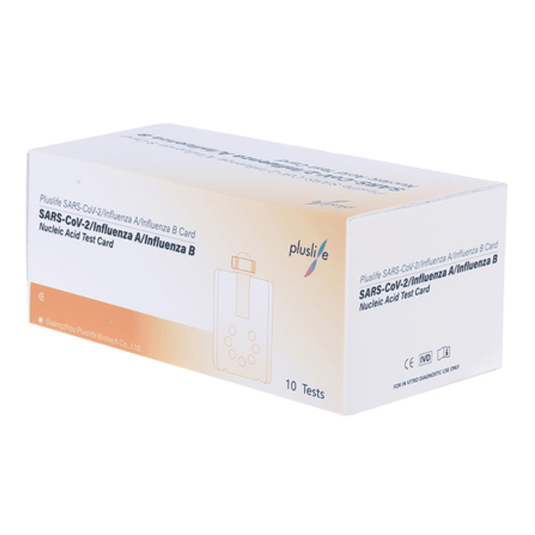 Una caja de kits de prueba Pluslife SARS-CoV-2 / Gripe A / Gripe B (10 pruebas) para pruebas de ácidos nucleicos contiene 10 pruebas.