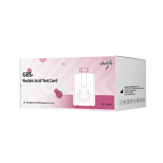 Los kits de prueba Pluslife para estreptococos del grupo B, de MedRhein GmbH, se suministran en una caja de color rosa y blanco que permite la detección rápida in vitro de estreptococos del grupo B, contiene 10 pruebas y está fabricado por Guangzhou Pluslife Biotech Co., Ltd.