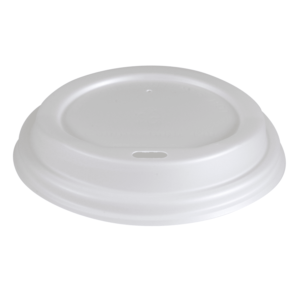 The white "lid for bio cups" from Abena Re-Seller GmbH is biodegradable, with a small oval drinking hole - ideal as an eco-friendly lid for bio cups. Top view on a white background.