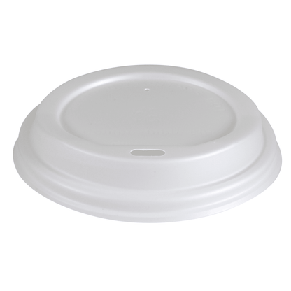 The white "lid for bio cups" from Abena Re-Seller GmbH is biodegradable, with a small oval drinking hole - ideal as an eco-friendly lid for bio cups. Top view on a white background.