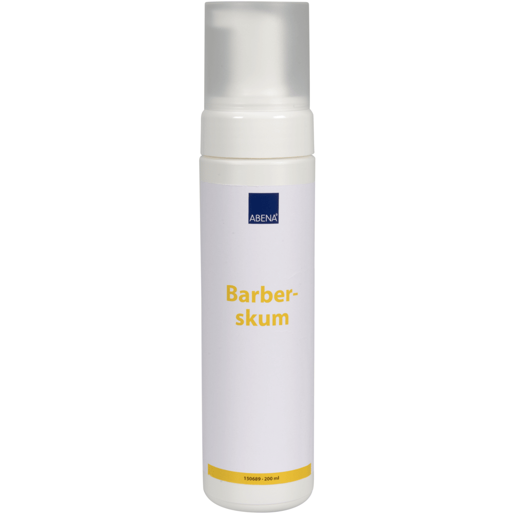 A white bottle labeled "Shaving Foam, 200 ml" from Abena Re-Seller GmbH with a clear cap stands upright against a plain white background - mild foam in a box (6 packs), ideal for a thorough shave.