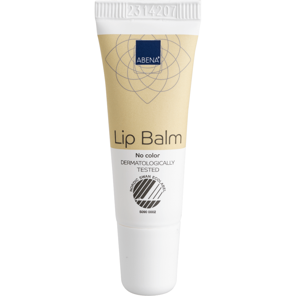 El tubo de 10 ml en beige y blanco del bálsamo labial de Abena Re-Seller GmbH con tapa blanca y las inscripciones "Sin color", "DERMATOLOGICAMENTE PROBADO" y la etiqueta ecológica Nordic Swan proporciona humedad para labios suaves y saludables. Disponible en caja (300 paquetes).