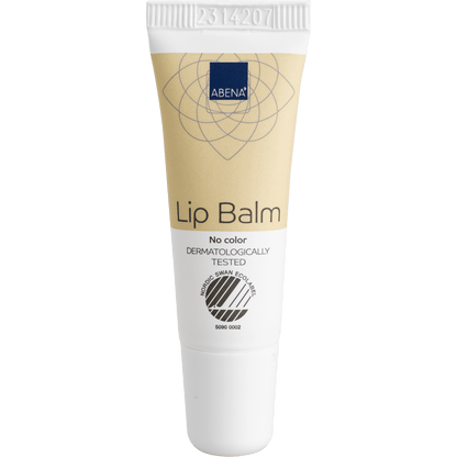 El tubo de 10 ml en beige y blanco del bálsamo labial de Abena Re-Seller GmbH con tapa blanca y las inscripciones "Sin color", "DERMATOLOGICAMENTE PROBADO" y la etiqueta ecológica Nordic Swan proporciona humedad para labios suaves y saludables. Disponible en caja (300 paquetes).