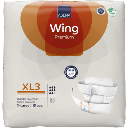 Eine Packung ABENA Wing Premium von Abena Re-Seller GmbH, Größe X-Large, 15 Stück, mit dem Produktbild und den Icons für ultimativen Schutz, Saugfähigkeit und Gebrauchstauglichkeit.