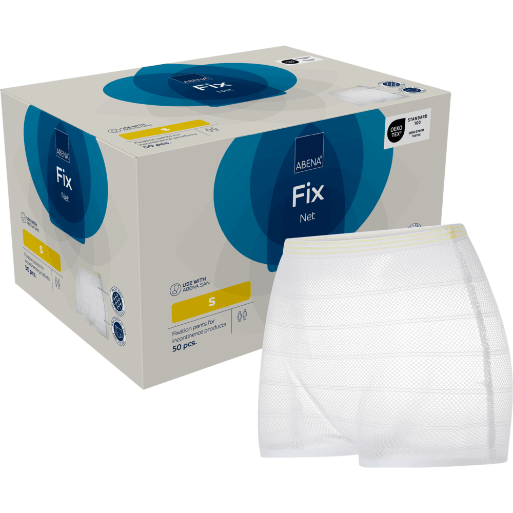 A box labeled "Fixing Pants, ABENA Fix, Net" from Abena Re-Seller GmbH contains 50 white, latex-free incontinence pants size Small, with a pair depicted outside the packaging.