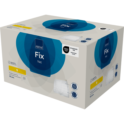 A beige box of fixing pants from Abena Re-Seller GmbH, ABENA Fix, Net (size S), contains 50 pieces with blue accents, product images, and OEKO-TEX Standard 100 certification for incontinence products.