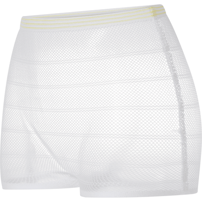 The ABENA Fix Net fixing pants from Abena Re-Seller GmbH are white mesh underwear with an elastic yellow waistband and fine mesh pattern, ideal for use with incontinence products. Depicted on a plain white background.