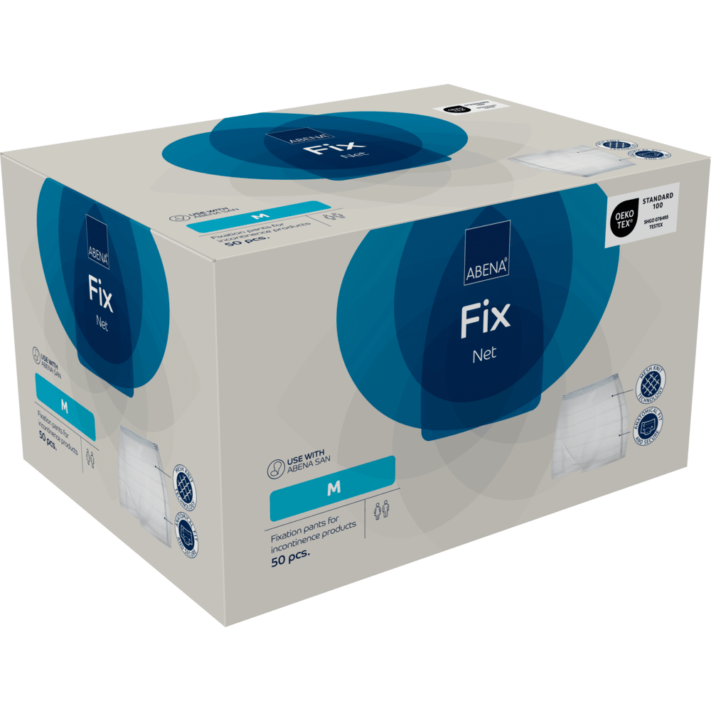 A rectangular box of Abena Re-Seller GmbH fixing pants, ABENA Fix Net, contains 50 medium-sized pieces. The beige box with blue accents shows product images and symbols highlighting important details about these incontinence products.