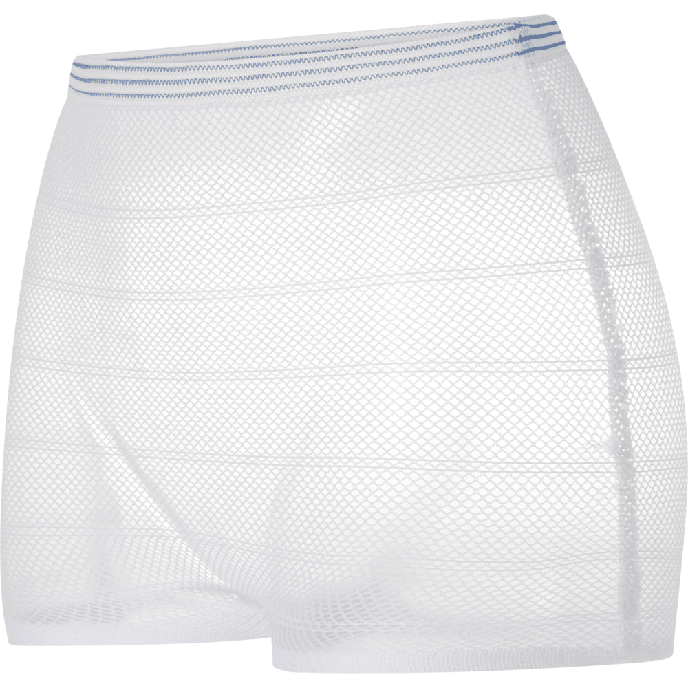 A pair of white fixing pants, ABENA Fix, Net by Abena Re-Seller GmbH with a blue striped elastic waistband. Depicted on a plain white background, they offer secure and comfortable hold as incontinence products.