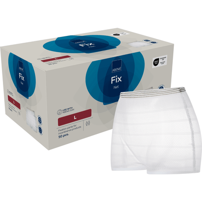 A box of fixing pants, ABENA Fix, Net by Abena Re-Seller GmbH large format for fixing incontinence products, with product name, size, and application instructions; a sample of the white mesh pant is shown in front.