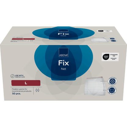 A rectangular box of Abena Re-Seller GmbH fixing pants, ABENA Fix, Net, size L, contains 50 pieces. The predominantly white packaging has blue and red accents with product images on the front.