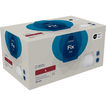 A rectangular beige box with fixing pants, ABENA Fix, Net from Abena Re-Seller GmbH, size L, contains 50 pieces for use with incontinence products. The packaging shows product images and application symbols.