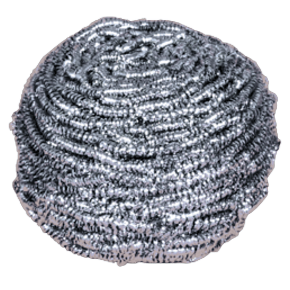 Primer plano de un espiral de acero inoxidable de Abena Re-Seller GmbH, 60 g, paquete (10 piezas): un estropajo redondo plateado hecho de hilos de metal enrollados apretadamente para la limpieza, presentado sobre un fondo blanco.