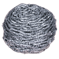 Close-up of an Abena Re-Seller GmbH stainless steel spiral, 60 g, pack (10 pieces): a round, silver scouring pad made of tightly wound metal strands for cleaning, shown against a white background.