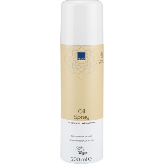 Ein 200 ml zylindrisches Abena Re-Seller GmbH Ölspray, leicht parfümiert, in einer beige-weißen Flasche mit der Aufschrift "Ohne Farbstoffe", "Leicht parfümiert" und "Vegan", mit einer weißen Kappe. Verkauft als Karton (12 Packungen).