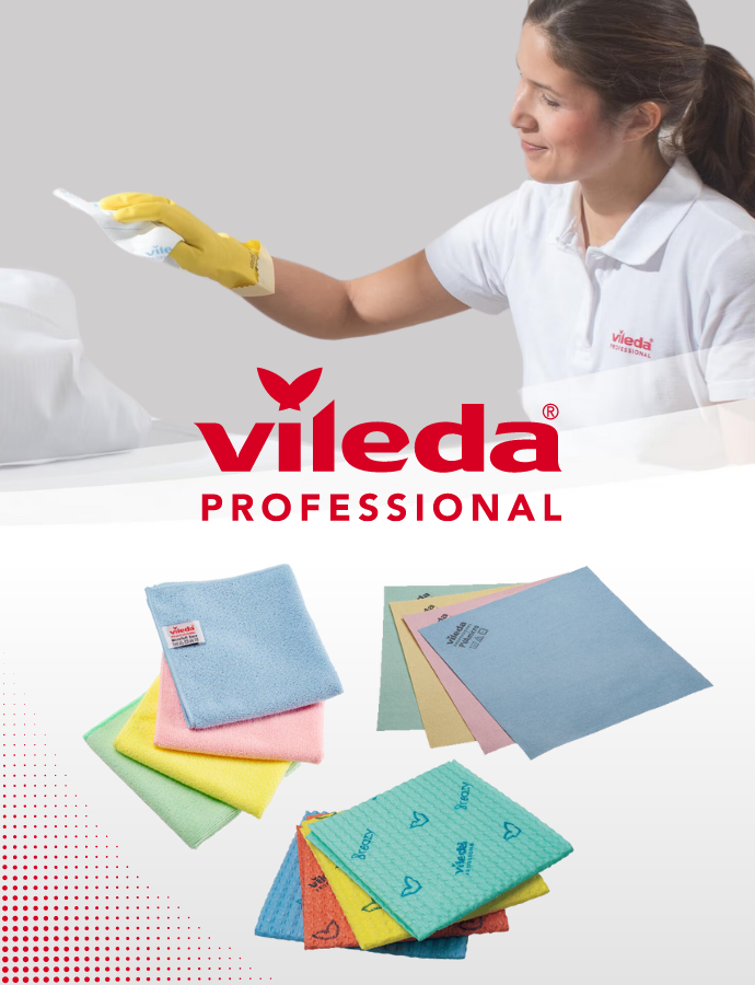 Eine Vileda Professional Anzeige zeigt eine Frau in einem weißen Polo-Shirt und gelben Handschuhen, die ein weißes Reinigungstuch hält. Links daneben ist das Vileda Professional Logo zu sehen. Im Vordergrund befinden sich mehrere bunte Reinigungstücher.