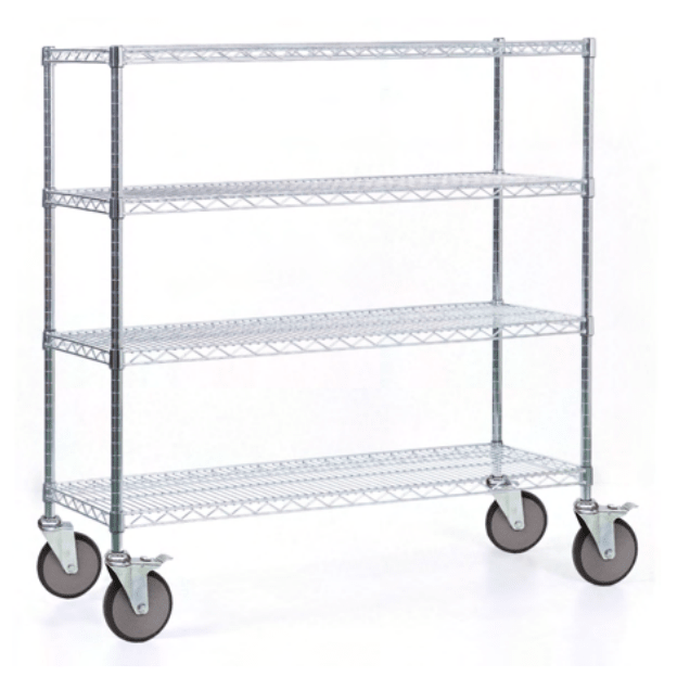 A Novocal shelf trolley made of precision steel, nickel-plated and high-gloss chrome-plated, with 4 corner posts and 4 G, ideal for storage and transport, against a white background. The package contains 1 piece.