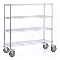 A Novocal shelving cart made of precision steel, nickel-plated and high-gloss chrome-plated, with 4 corner posts and 4 G-rails, ideal for storage and transport, shown against a white background. The package contains 1 piece.