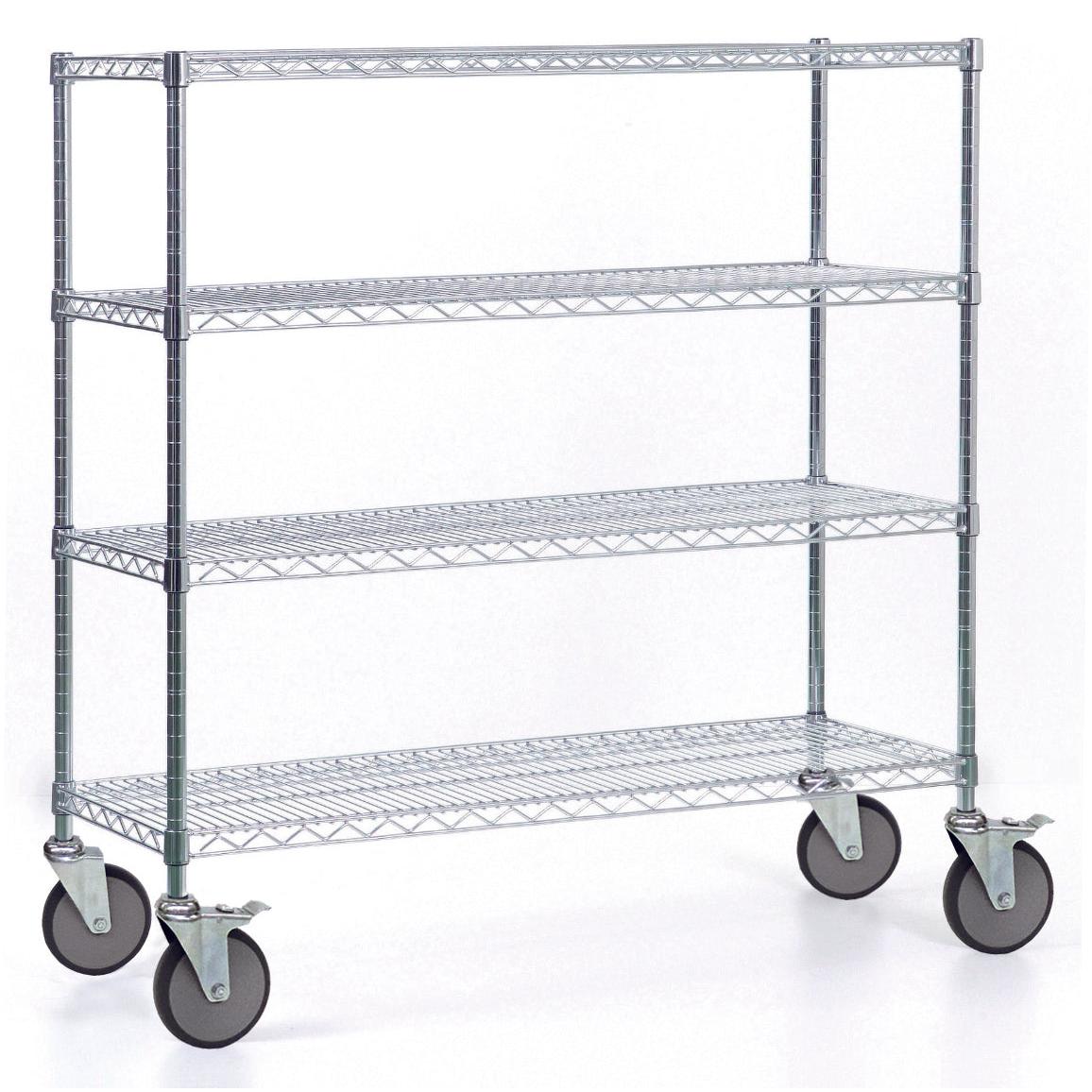 Der Novocal Regalwagen aus Präzisionsstahl, vernickelt und hochglanzverchromt, mit 4 Eckpfosten und großen Rollen (2 mit Feststeller), ist auf dem Bild leer vor weißem Hintergrund zu sehen. Packung: 1 Stück.