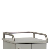 A close-up of the upper part of a gray cabinet (550 x 490 mm) with two front doors and a Novocal stainless steel tubular railing serving as a metal handrail on three sides. Brand: Novocal. Package: 1 piece.