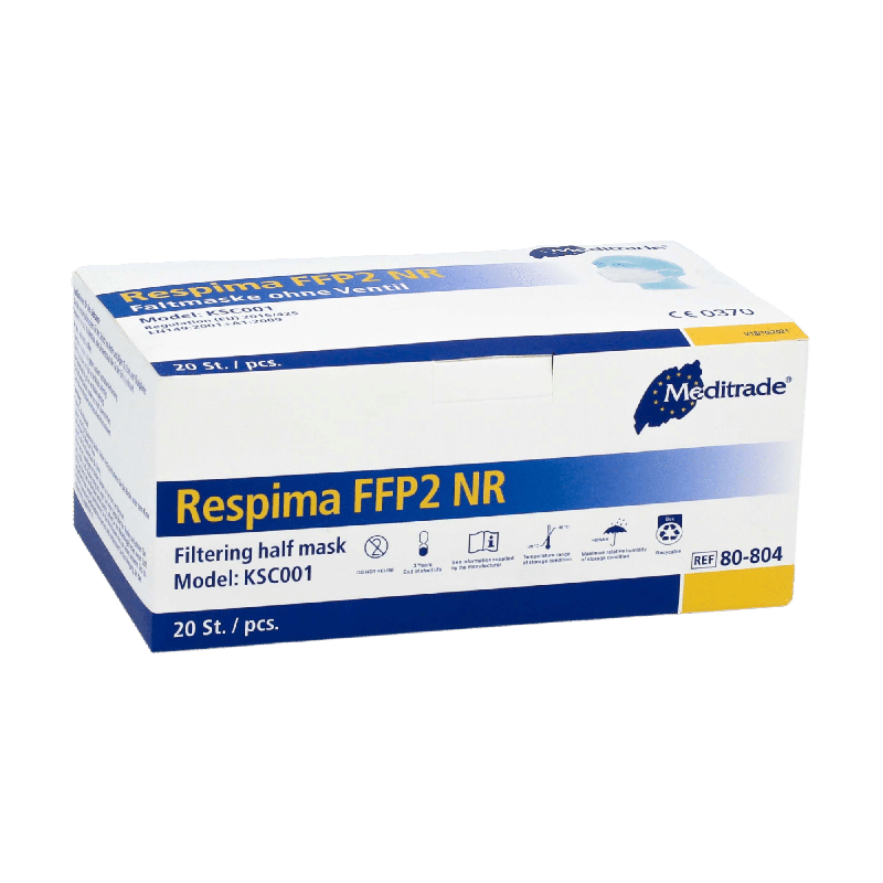 Se presenta una caja de mascarillas respiratorias Meditrade Respima FFP2 frente a un fondo sencillo. La caja blanca con detalles azules muestra que contiene 100 unidades y lleva en la esquina superior derecha de manera prominente el nombre de la marca Meditrade GmbH, conocida por equipos de protección personal.