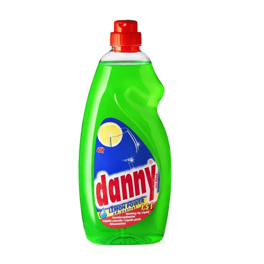 Eine 1,5-Liter-Flasche Rösch Danny Lemon Power Geschirrspülmittel mit rotem Verschluss. Die grüne Flasche hat ein blaues Etikett mit einer Zitronenscheibe und dem fettgedruckten Text „Danny Lemon Power“ in Weiß und Rot, der erfrischenden Zitronenduft verspricht.