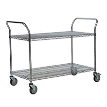 Der Novocal Mehrzweckwagen "Silverline" aus vernickeltem und hochglanzverchromtem Präzisionsstahl verfügt über zwei Gitterböden, vier Lenkrollen und zwei Griffe. Der leere Allzweckwagen ist vor weißem Hintergrund abgebildet.