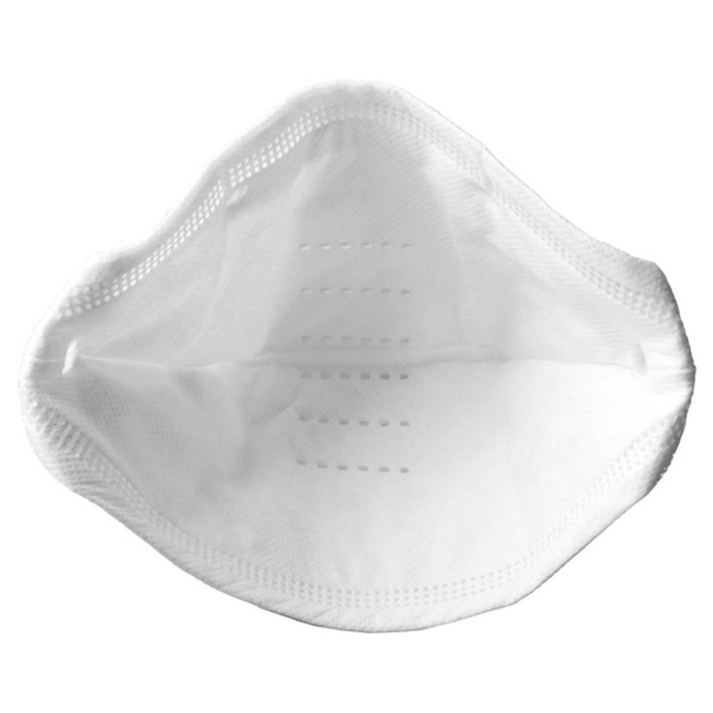 Eine detaillierte Nahaufnahme des Innenfutters und der Belüftungsperforationen der SAFE® High-Risk-Maske Atemschutzmaske FFP3, die ihr Vliesmaterial ideal für den Atemschutz zeigt. Diese weiße, entfaltete Gesichtsmaske, hergestellt von Altruan, wird in einer Packung mit 30 Stück geliefert.
