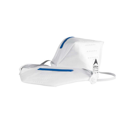 Description: The Altruan SAFE® High-Risk Mask Respirator FFP3, a white mask with blue accents, is specifically designed to cover the nose and mouth. With its distinctive angular shape and adjustable ear loops, this mask ensures comfort and safety. A small printed label with text and symbols on one side indicates compliance with high safety standards. Available in a pack of 30 pieces.
