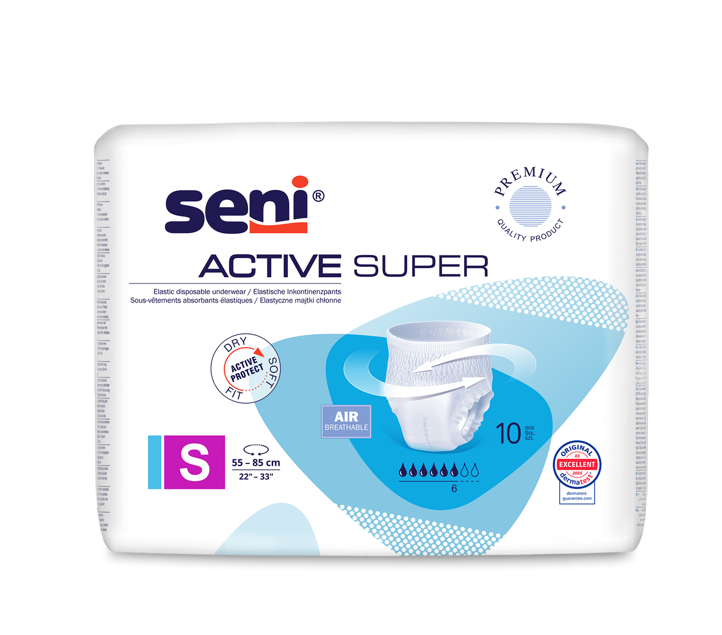 En 10-pakning Seni Active Super inkontinensbukser fra TZMO Deutschland GmbH, størrelse Small (55-85 cm), kommer i en overveiende hvit emballasje med blå aksenter og fremhever indikatorene for pusteevne og absorpsjonsevne.