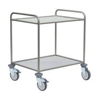 The Novocal multipurpose cart features a stainless steel frame, two solid shelves, and four swivel casters; it is resistant to water, heat, and disinfectants. Shown with open sides on a white background.