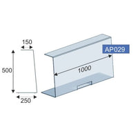 Sketch of a transparent Novocal contact protection counter display in a U-shape (6 mm acrylic, pass-through) with the following dimensions: 500 mm height, 1000 mm width, 250 mm base depth, 150 mm top depth. The code "AP029" appears in the upper right corner.