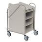 A Novocal stainless steel station cart with fully welded tubular connections, three shelves, handle bar, and lockable roller shutter. Four swivel casters ensure mobility - ideal for medical facilities. Package: 1 piece.