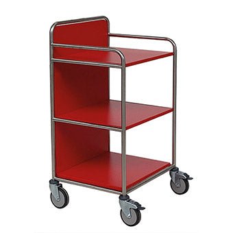 Un carro de estación Novocal con marco de acero inoxidable y conexiones de tubos redondos totalmente soldadas, fotografiado sobre un fondo blanco.