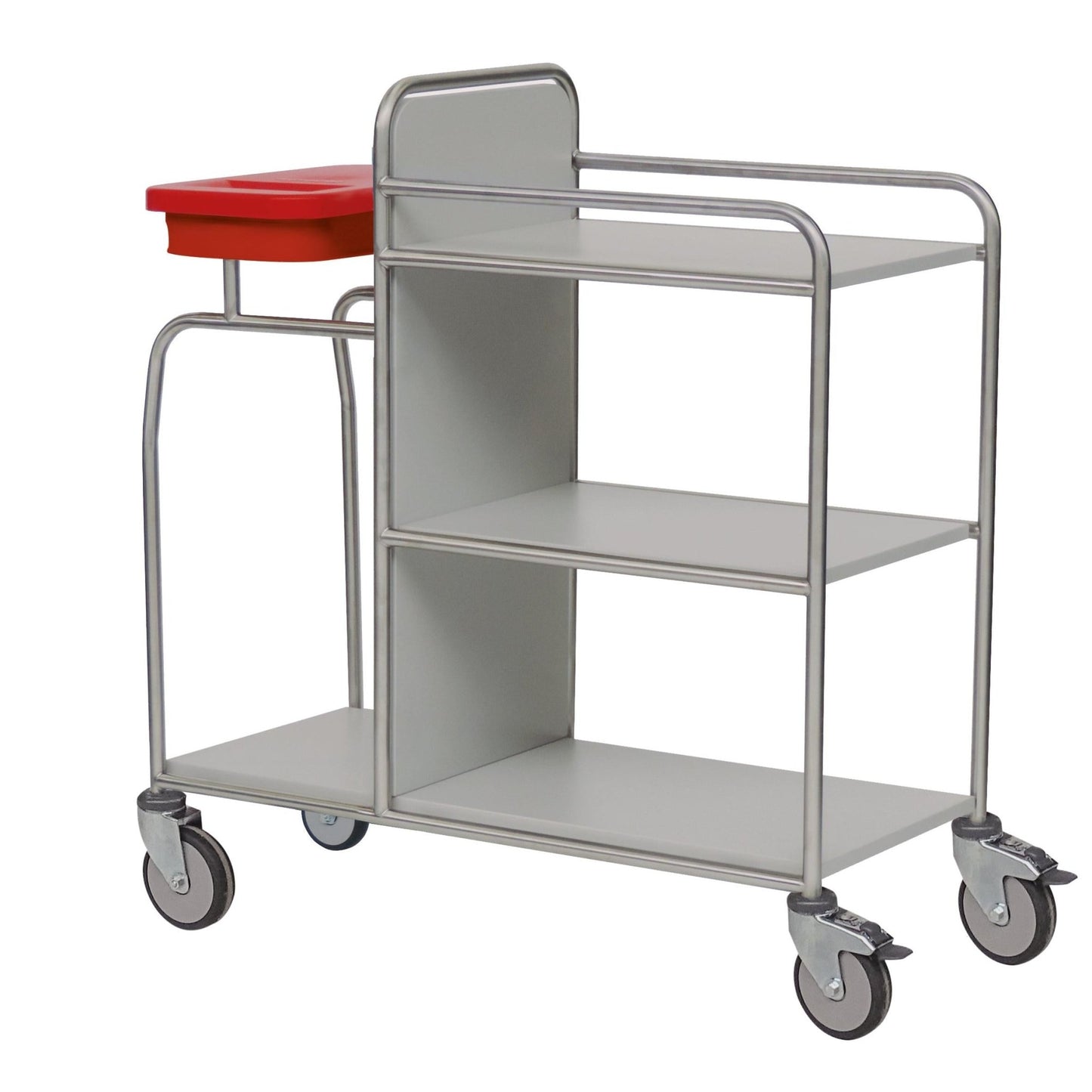 El duradero carrito de estación Novocal de acero inoxidable con tres estantes, cuatro ruedas y un contenedor de plástico rojo en la parte superior izquierda está vacío y se muestra sobre un fondo blanco. Todas las conexiones de tuberías están completamente soldadas.