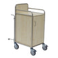 The Novocal station trolley consists of a robust stainless steel frame with fully welded round joints, a cabinet with handle, four swivel casters (two of which have brakes), and raised back and side rails for increased comfort and stability.