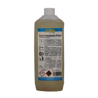The 1-liter bottle of STERN Professional Plumbing Cleaner from Stern Waschmittel GmbH It has a white cap, a German label with instructions for cleaning the bathroom, safety precautions, and hazard symbols, and contains a light yellow liquid that acts as a limescale remover.
