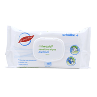 A package of Mikrozid® sensitive Wipes Jumbo from Schülke & Mayr GmbH. The white package contains 50 alcohol- and fragrance-free wipes and features a flip-top lid. Icons illustrate how to use the wipes on sensitive skin.