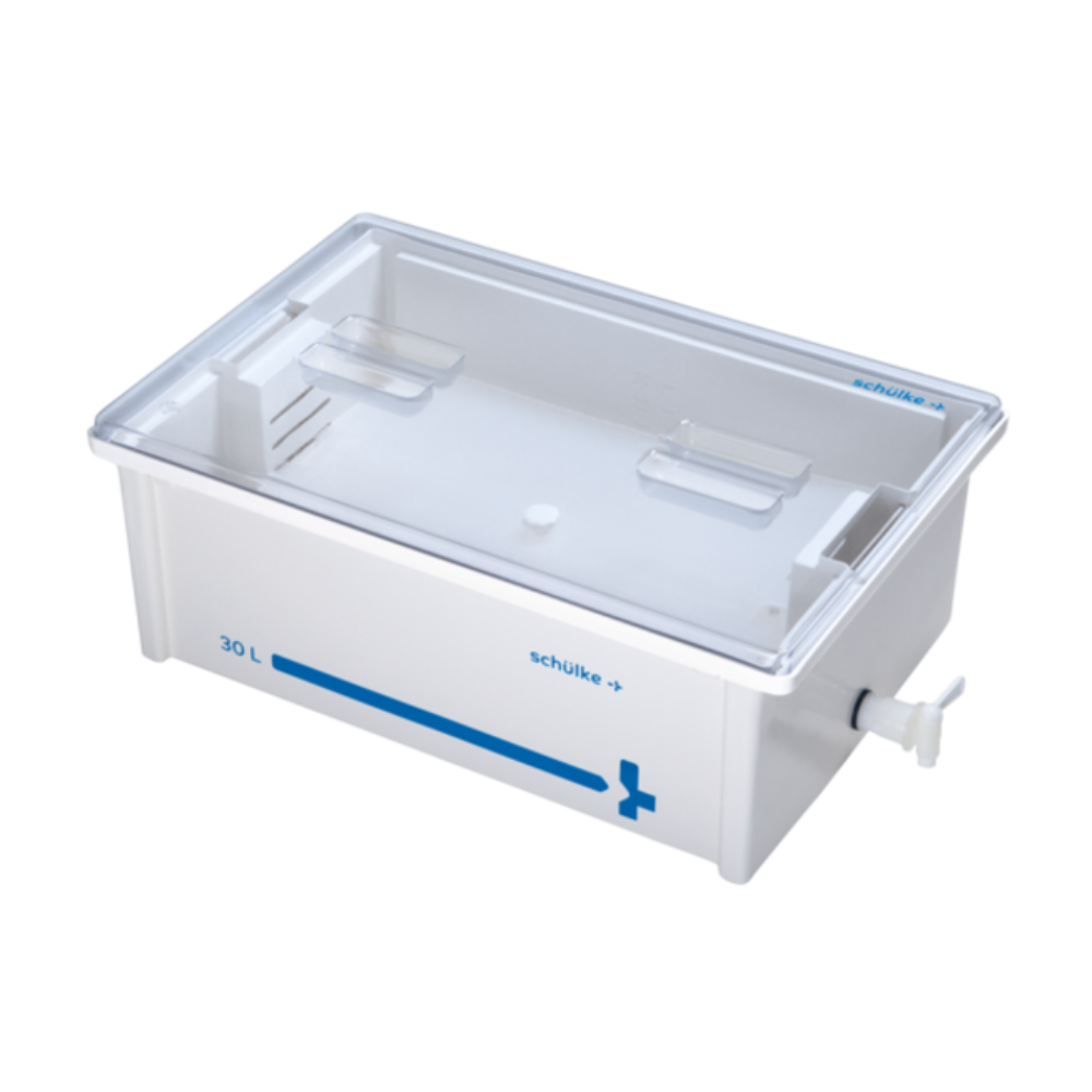 The Schülke tub set 30 l from Schülke & Mayr GmbH includes a rectangular white plastic container with a transparent lid, front tap, blue side measurement markings, and two sturdy locks for secure closure.