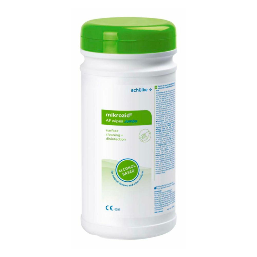 Ein Behälter mit Schülke mikrozid® AF wipes Desinfektionstüchern der Schülke & Mayr GmbH zur Oberflächenreinigung und -desinfektion. Die weiße Flasche hat einen grünen Deckel und das Etikett enthält eine Gebrauchsanweisung und ein CE-Zeichen.
