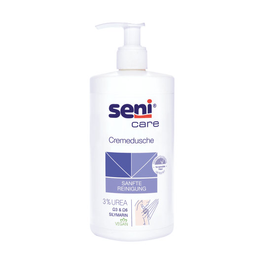 The Seni Care Cream Shower Gel by TZMO Deutschland GmbH, 500 ml, contains 3% urea, silymarin, and a vegan formula. The white bottle has a pump dispenser and features blue graphics that read “GENTLE CLEANSING,” making it ideal for dry skin.
