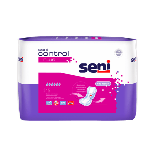 One package Seni The Control Plus incontinence pad from TZMO Deutschland GmbH contains 15 pads, features leak protection, and comes in purple-and-white packaging with the product logo and an image of the pad on the front.