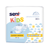 La Seni Los calzoncillos para la incontinencia «Kids Junior Extra» de TZMO Deutschland GmbH, destinados a niños a partir de 15 kg, se presentan en un envase de colores vivos con un diseño de soles y nubes, así como con el símbolo del sistema «Extra Dry», y contienen 30 unidades.