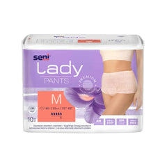 Packaging for absorbent underwear Seni Lady Pants in size Medium, designed for incontinence, shows a picture of the product on a female model. The packaging highlights features such as breathability and safety. The product is manufactured by TZMO Deutschland GmbH.