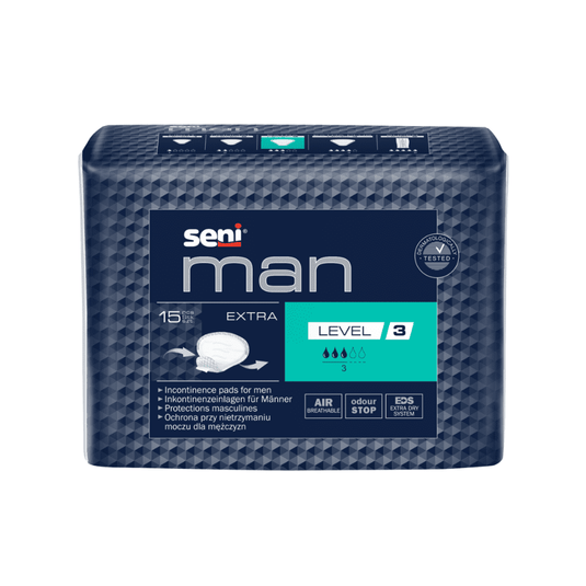 One package Seni Man Extra Level 3 Incontinence Pads, 15-count pack, by TZMO Deutschland GmbH, for men, with 15 pads per pack in a blue color scheme and a claim that they provide odor control and improved air circulation.